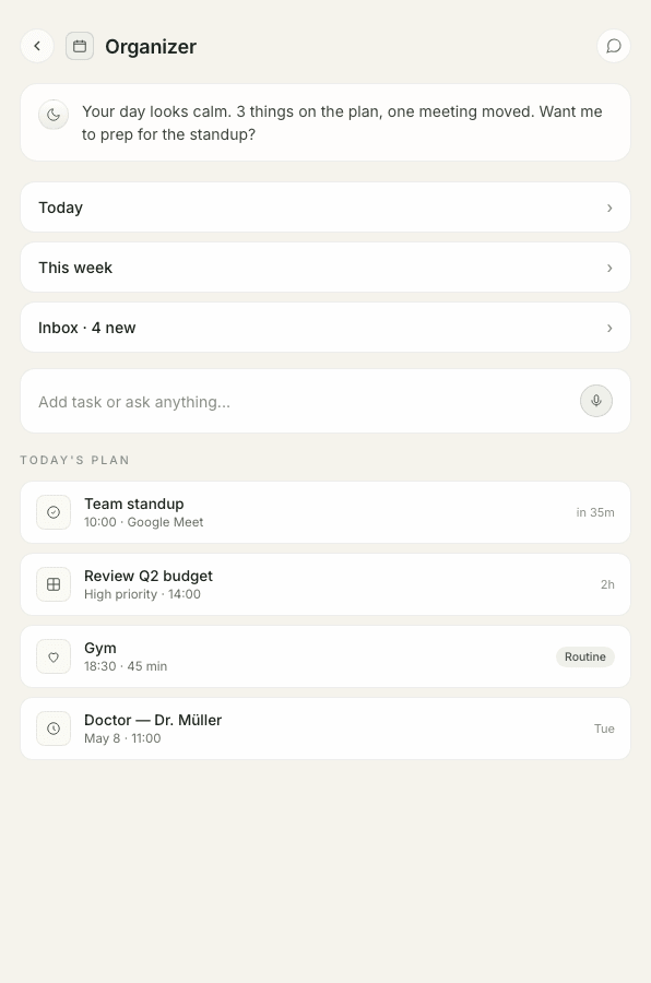 Organizer agent screen